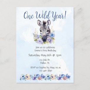 Cartão Postal De Convite Aniversário de Zebra Floral Azul