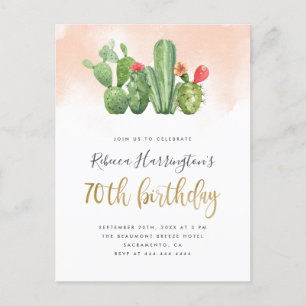 Cartão Postal De Convite Aniversário do 70 de Aquarela Rosa e Cactus