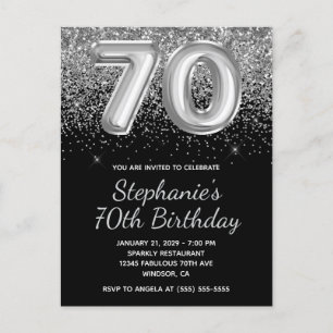 Cartão Postal De Convite Aniversário do 70 de Balão Preto Glitter Silver Es