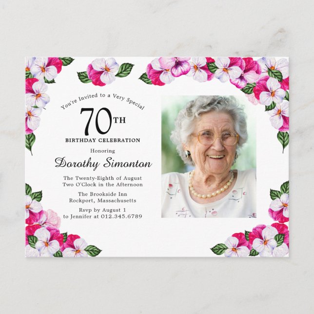Cartão Postal De Convite Aniversário do 70 Floral Branco Rosa (Frente)