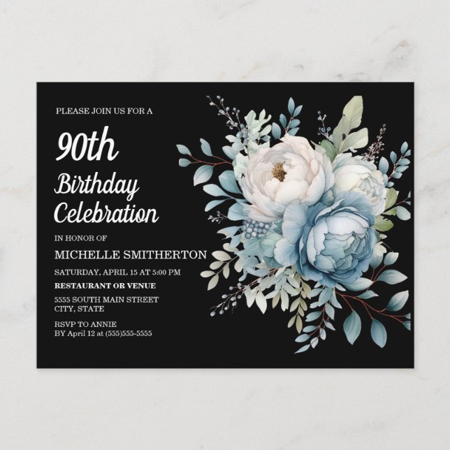 Cartão Postal De Convite Aniversário do 90 das Mulheres Negras Azuis Branca (Frente)