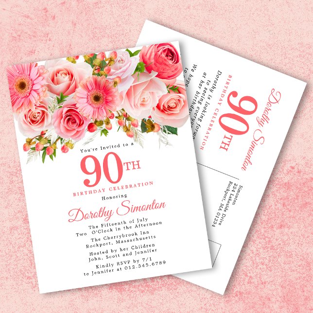 Cartão Postal De Convite Aniversário do 90 Floral Rosa Elegante Russo (Criador carregado)