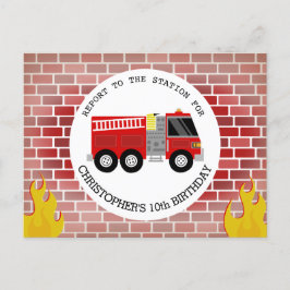 Cartão Postal De Convite Aniversário do Bombeiro Bricks Firecaminhão