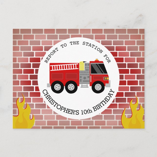 Cartão Postal De Convite Aniversário do Bombeiro Bricks Firecaminhão (Frente)