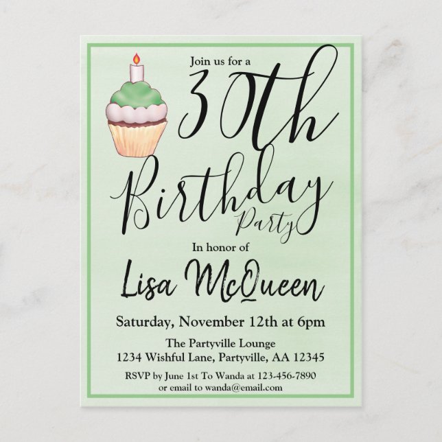 Cartão Postal De Convite Aniversário do Cupcake de Aquarela Verde 30 (Frente)