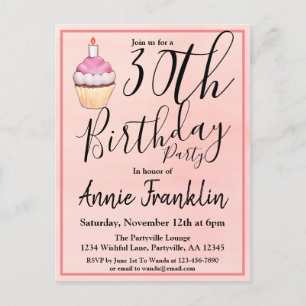 Cartão Postal De Convite Aniversário do Cupcake de Aquarelas Rosa 30