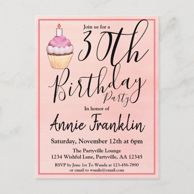 Cartão Postal De Convite Aniversário do Cupcake de Aquarelas Rosa 30 (Frente)