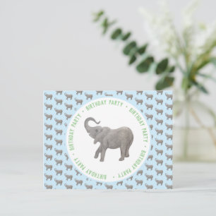 Cartão Postal De Convite Aniversário do Elefantezinho Azul Claro