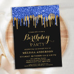Cartão Postal De Convite Aniversário do Elegante Blue Dourado Glitter<br><div class="desc">Convide amigos e família para a sua festa de aniversário com estes convites de aniversário elegantes, azuis, dourados e reluzentes pretos e suprimentos de festas. Estes convites de aniversário azuis e negros também são perfeitos para aposentadoria e festas de formatura e comemorações, basta mudar o evento na guia personalização. Este...</div>