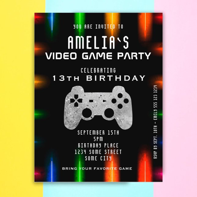 Cartão Postal De Convite Aniversário do Neon Gaming do Controlador de Jogos (Criador carregado)