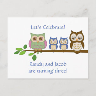 Cartão Postal De Convite Aniversário do Owl Twin Boys