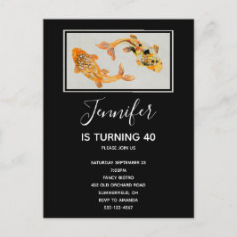 Cartão Postal De Convite Aniversário do Peixe Koi, na moda Dourado