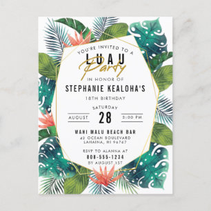 Cartão Postal De Convite Aniversário Luau Folhas Tropicais de Palma e Monst
