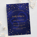 Cartão Postal De Convite Aniversário marinho de estrelas de ouro azul númer<br><div class="desc">Um convite de aniversário glamouroso para ele e para ela. Um fundo azul marinho decorado com estrelas douradas falsas. A cor azul é irregular. Personalize e adicione um nome e detalhes da parte. Texto colorido do ouro. Um grande número de anos como marca d'água.</div>
