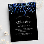 Cartão Postal De Convite Aniversário marinho preto confete azul<br><div class="desc">Um moderno,  elegante e convite. Um fundo preto decorado com confete azul. Personalize e adicione um nome e detalhes. Texto branco.</div>