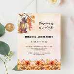 Cartão Postal De Convite Aniversário outono floral cor de laranja<br><div class="desc">Um fundo rosa dourado,  cor-de-rosa-claro. Decorado com uma safra lateral e flores laranja. Personalize e adicione um nome e detalhes da parte.</div>