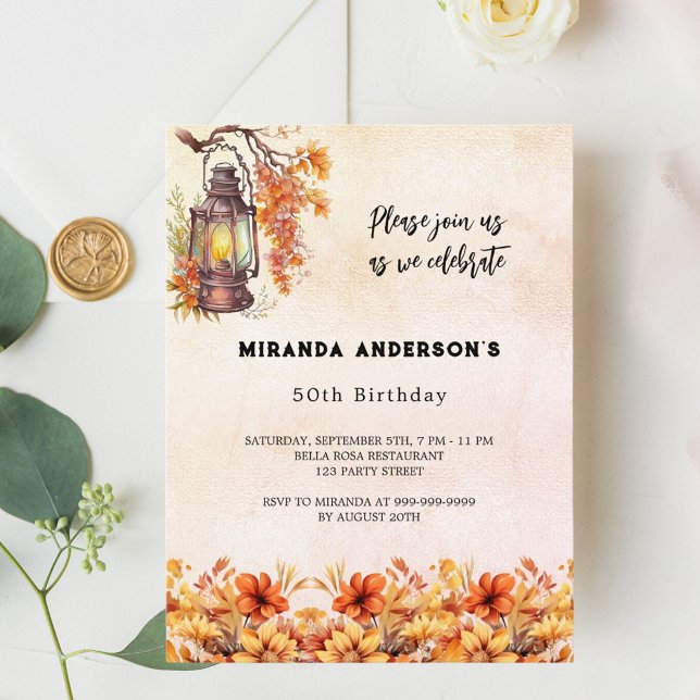 Cartão Postal De Convite Aniversário outono floral cor de laranja (Criador carregado)
