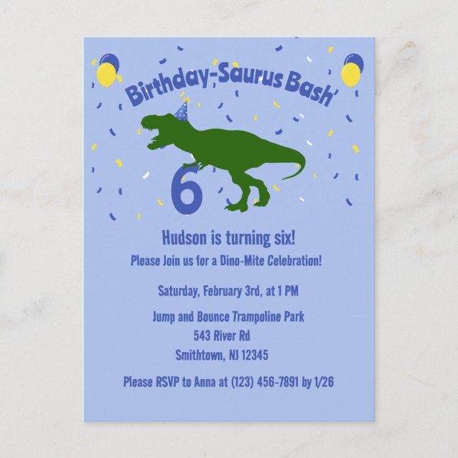 Cartão Postal De Convite "Aniversário-saurus" Festa de Aniversário Infantil (Frente)