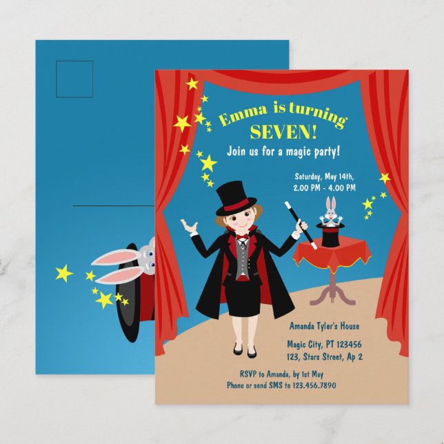 Cartão Postal De Convite Apresentação da Menina Mágica Festa de Aniversário (Frente/Verso)