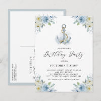 Aquarela Azul Floral Âncora Náutica Aniversário