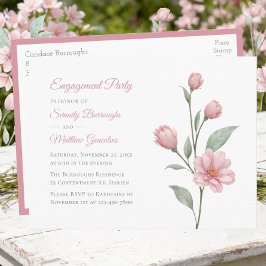 Cartão Postal De Convite Aquarela Floral Salvia Rosa Festa de Compromisso