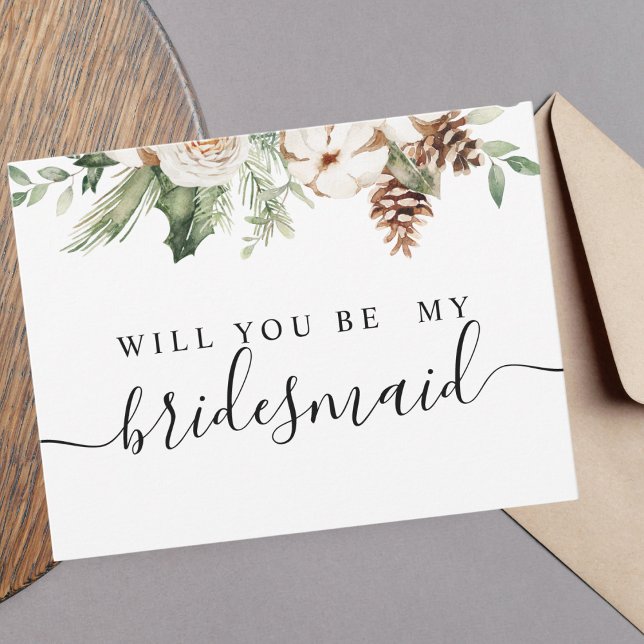 Cartão Postal De Convite Aquarela Palha Verde de inverno Flores Brancas (Criador carregado)