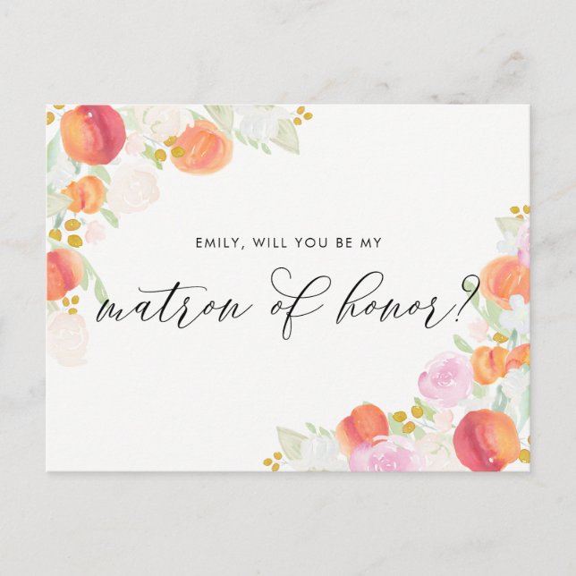 Cartão Postal De Convite Aquarela Pêssegos & Flores Seja Minha Dama de Honr (Frente)