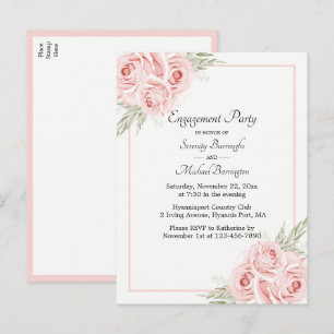 Cartão Postal De Convite Aquarela Rosa Festa de Compromisso Floral Cor-de-R