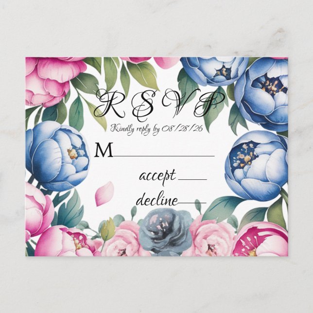 Cartão Postal De Convite Arco de Casamento de Aquarela rosa e RSVP Azul (Frente)