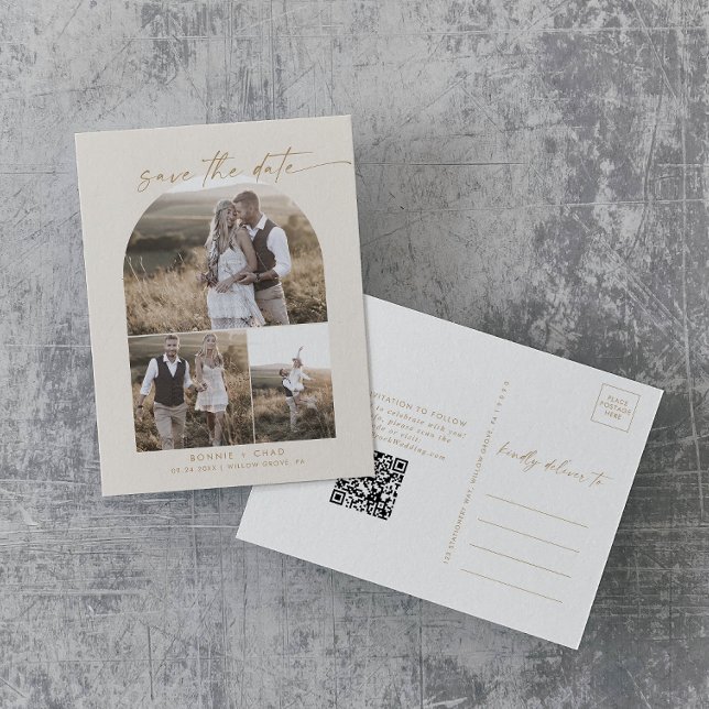 Cartão Postal De Convite Arco Moderno | Cream QR Photo Collage Salvar Data (Criador carregado)