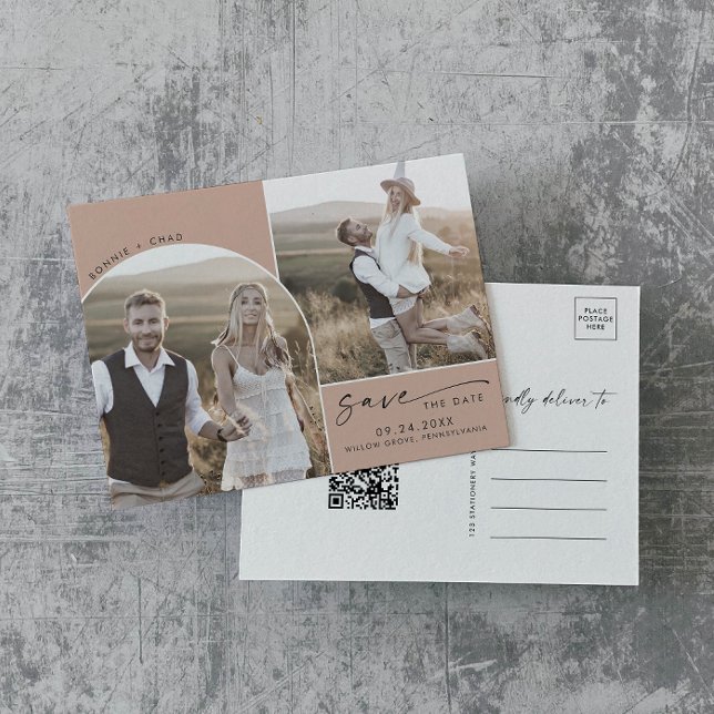 Cartão Postal De Convite Arco Moderno | Salmão QR Code 2 Foto Salvar Data (Criador carregado)