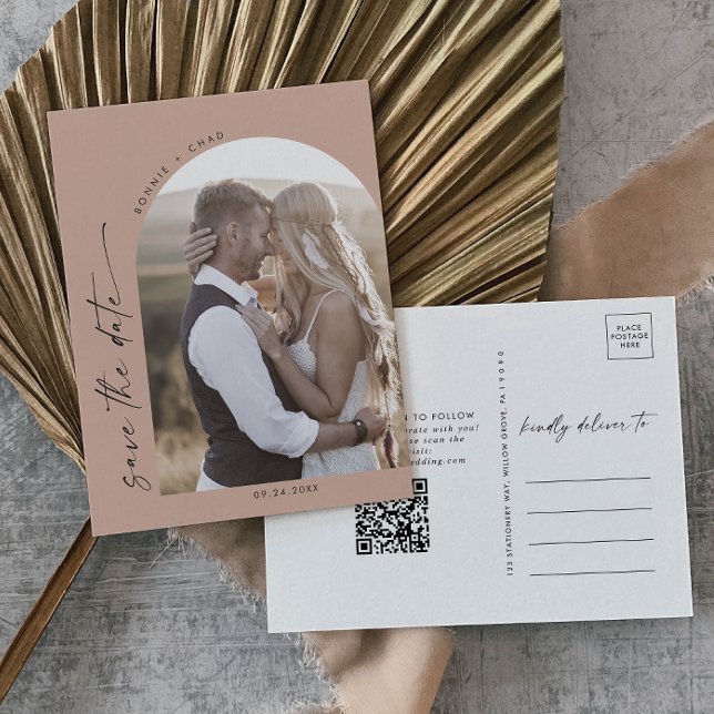 Cartão Postal De Convite Arco Moderno | Salmão QR Code Foto Salvar Data (Criador carregado)