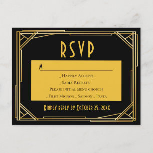 Cartão Postal De Convite Art Deco Black Dourado RSVP Excelente Gatsby Casam