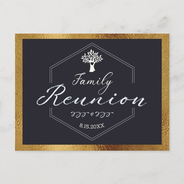 Cartão Postal De Convite Árvore da Família Moderna Preta Dourada Salvar a D (Frente)