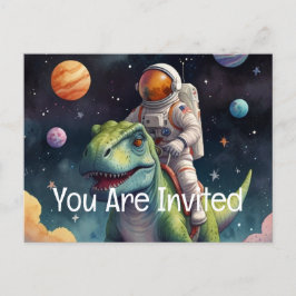 Cartão Postal De Convite Astronauta sobre Dino no Espaço