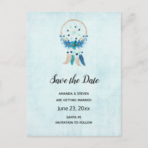 Cartão Postal De Convite Atrativo Blue Dreamcatcher Boho Save the Date