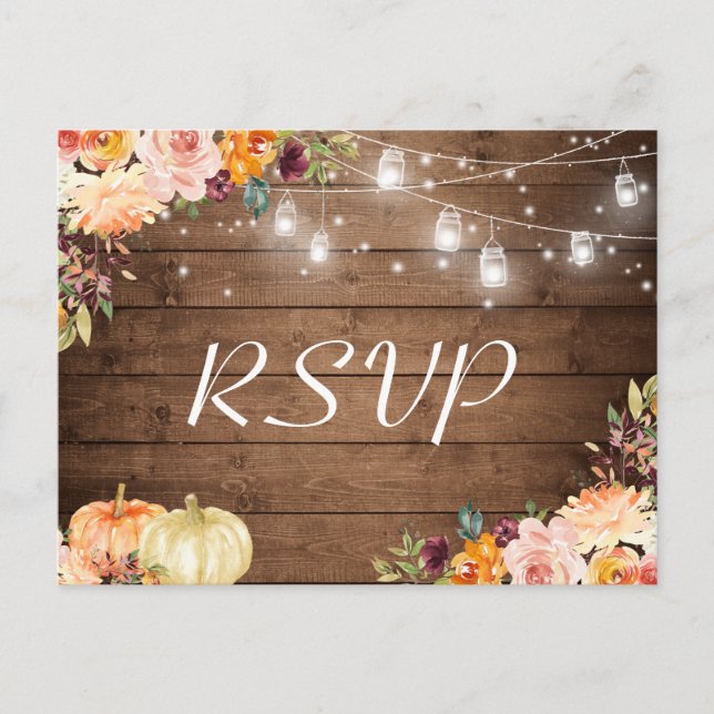 Cartão Postal De Convite Autumn Floral Mason Jar Lights Rustic Wedding RSVP (Frente)