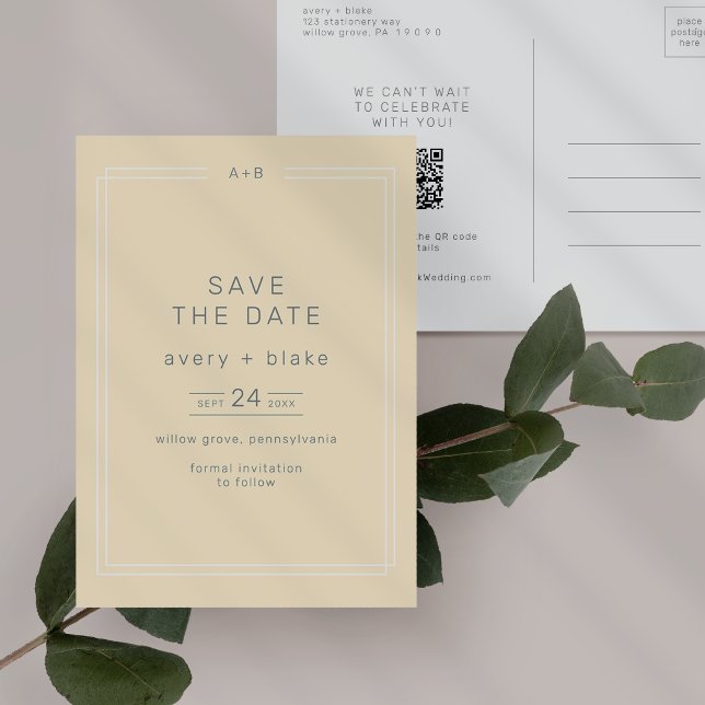 Cartão Postal De Convite AVERY Simples Casamento Amarelo Neutro Salve a Dat (AVERY Simple Neutral Yellow Wedding Save the Date Invitation Postcard)