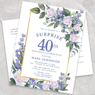 Cartão Postal De Convite Azul Branco Dourado Floral 40º Aniversário Surpres