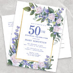 Cartão Postal De Convite Azul branco Dourado Floral 50ª Festa de aniversári<br><div class="desc">Honre uma mulher especial com este convite de aniversário elegante e feminino.</div>