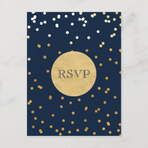 Cartão Postal De Convite Azul e Dourado Confetes Brilhantes Pontos Chic Mod