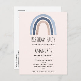 Cartão Postal De Convite Azul e Pêssego Arco-Íris Boho Design Aniversário