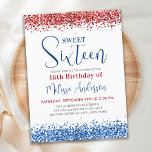 Cartão Postal De Convite Azul Vermelho Patriótico Brilhante Doce 16 Festa d<br><div class="desc">Celebre seu dia especial com nossos 16 convites de festas de aniversários patriotas! Nosso design moderno e elegante apresenta um toque chic, feminino com sotaques reluzentes e um esquema de cores vermelho, branco e azul. Mostre seu orgulho militar com um tema de bandeira americana que é perfeito para qualquer garota...</div>