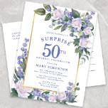 Cartão Postal De Convite Azul White Dourado Floral 50th Surpresa Aniversári<br><div class="desc">Honre uma pessoa especial com este cartão postal de convite de festas surpresa de aniversário elegante e feminino.</div>