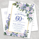 Cartão Postal De Convite Azul White Dourado Floral 60th Surpresa Aniversári<br><div class="desc">Honre uma pessoa especial com este cartão postal de convite de festas surpresa de aniversário elegante e feminino.</div>