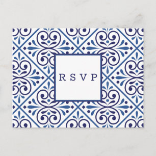Cartão Postal De Convite azulejo espanhol marinho indigo casamento RSVP MEA