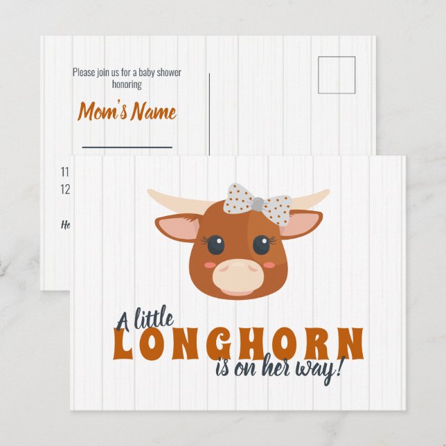 Cartão Postal De Convite Baby Girl Longhorn Burnt Orange Chá de fraldas (Frente/Verso)
