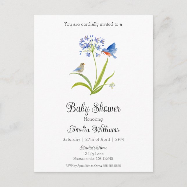 Cartão Postal De Convite Baby Shower Lily with Bluebird Mother and Baby  (Frente)