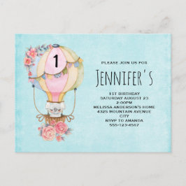 Cartão Postal De Convite Balão de Ar Quente Cinto com Aquarela de Urso