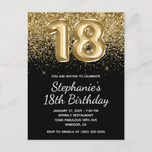 Cartão Postal De Convite Balão negro brilhante Dourado brilhante 18º aniver